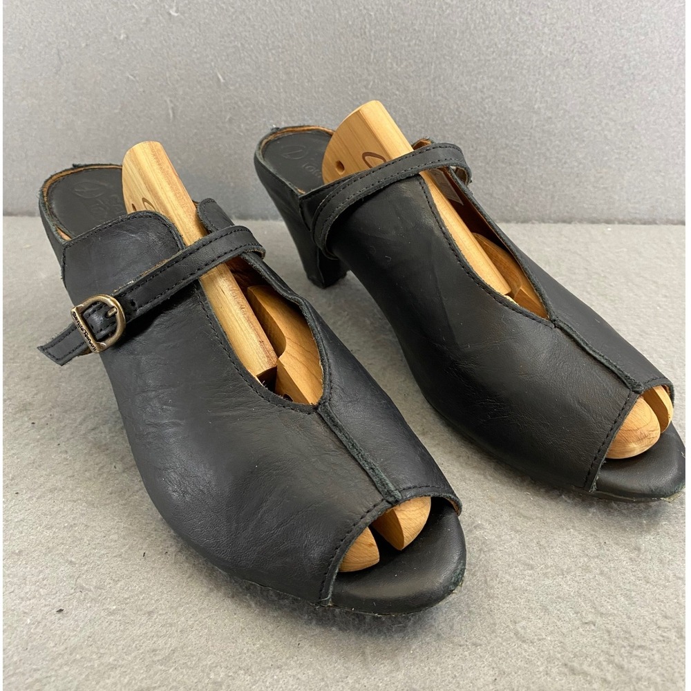 Sergio Tomani Black Leather Peep Toe Mules Buckle Strap Cone Heel Womens 38